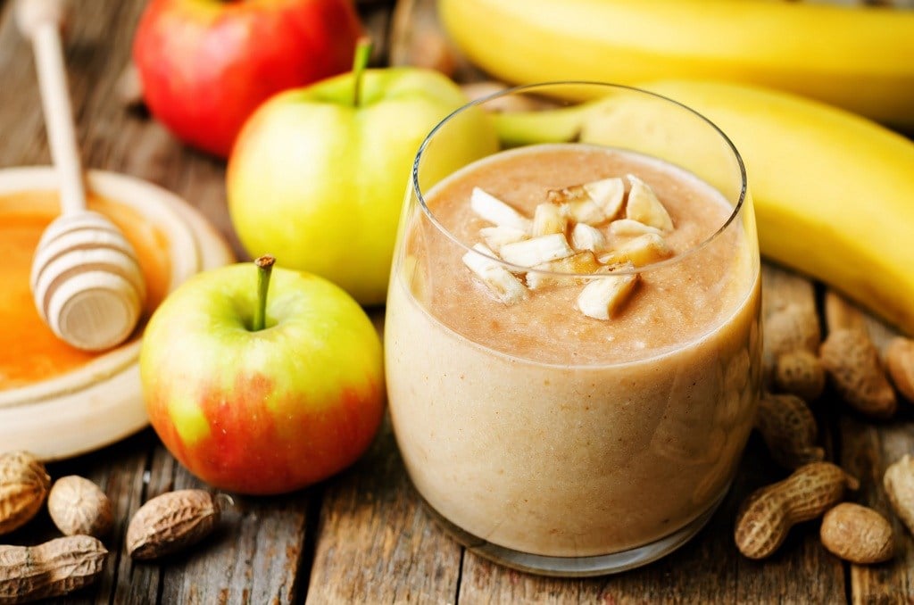 vegan butter, nuts, apples, bananas on the table