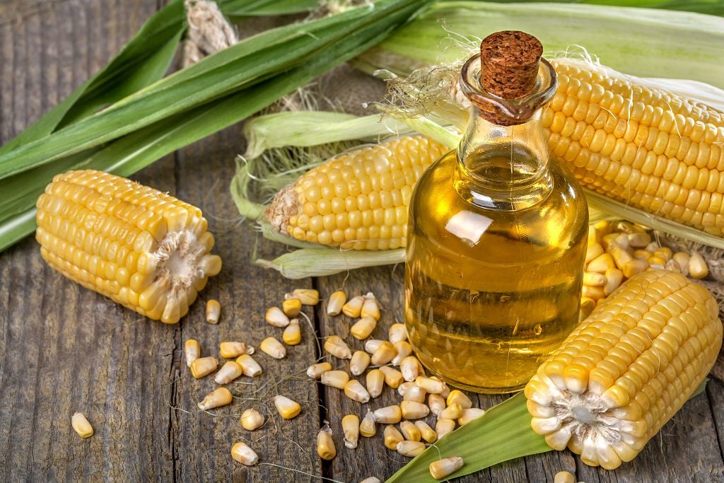 Refined corn oil and corn on the table