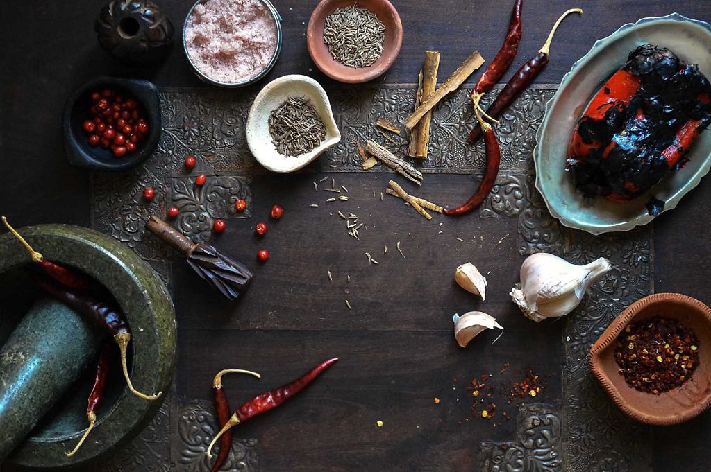 dried chilies, caraway seeds, cumin seeds, coriander seeds and salt