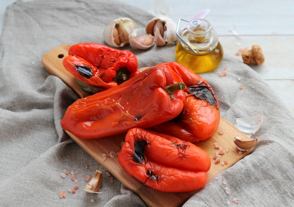 Roasted Red Peppers on the chopping board