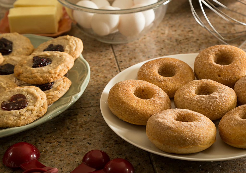 A Plate of donuts and a bowl of eggs