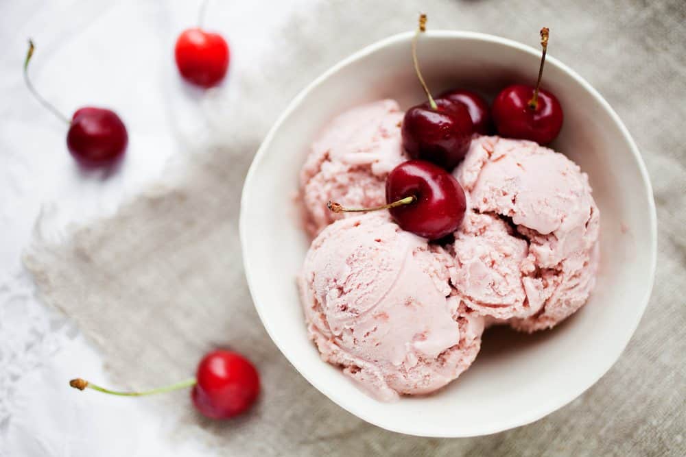 A bowl of Ice Cream and cherries