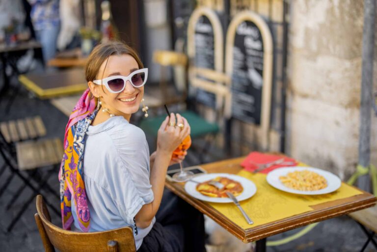 Woman Eating Italian Pasta in Europe Travel